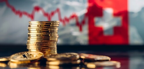 Switzerland economy. Swiss country's economic financial development statistics represent with stack of gold coins in front of the Swiss flag. Golden growth trends