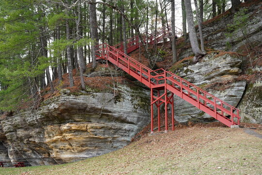 A path of Red stairs leads up a rocky hillside at Rockbridge, Wisconsin 
