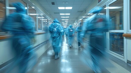 Nurses rush through a hospital corridor. Generative AI - obrazy, fototapety, plakaty
