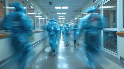 Fotobehang Nurses rush through a hospital corridor. Generative AI © Miguel Aguirre