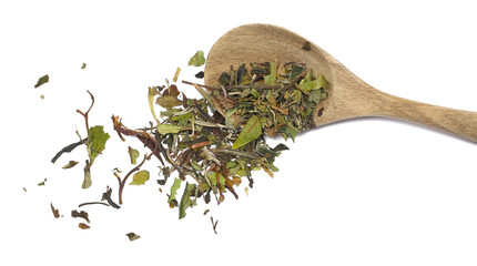  White Pai Mu Tan dried tea leaves in wooden spoon isolated on white, top view