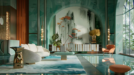 A pristine haven adorned with bursts of vibrant jade and coral, infusing the space with a sense of...