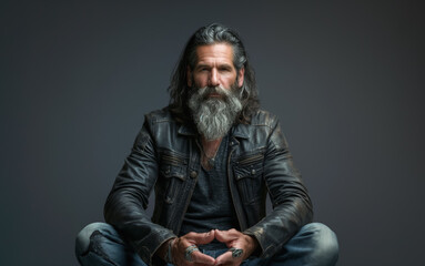 Obraz premium Rough looking man wearing leather jacket, large beard and moustache, sitting calmly, fingers on hands touching, studio photo. Generative AI 