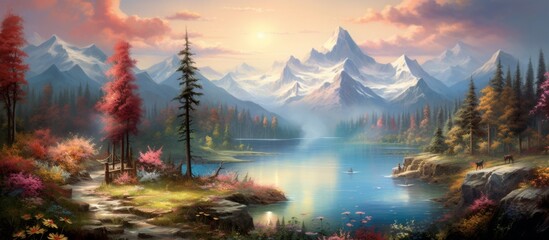 A beautiful natural landscape painting capturing a serene lake with majestic mountains in the background. The sky is dotted with clouds, creating a peaceful and picturesque scene
