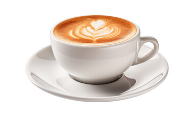 A steaming cup of coffee gracefully sits on a saucer against a pristine white backdrop