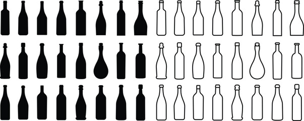 Wine bottle icon in flat, line set. Shape of traditional glass bottle of still wine isolated on transparent background. Vector for apps, website Glass Bottle Types Alcohol Beverage Bar Drink Concept