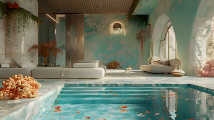 A pristine haven adorned with bursts of vibrant jade and coral, infusing the space with a sense of...