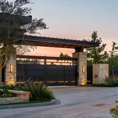 San Diego modern gated community luxury home. Sophisticated and modern gate with a guardhouse at a community driveway in san diego captured with the beautiful sunset evening. - obrazy, fototapety, plakaty
