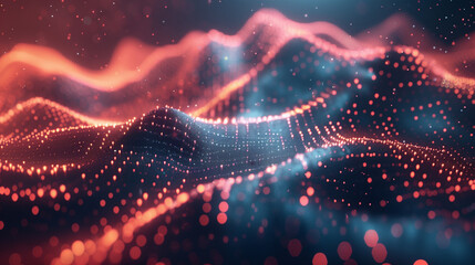 Visualization of a data network using orange dots and lines on a wavy surface, abstract background...