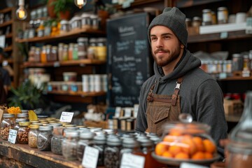 Handsome male shopkeeper with a beanie standing proud in front of his organic food market stall - obrazy, fototapety, plakaty