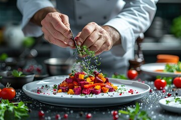 A chef is preparing a dish with a variety of vegetables and fruits, including tomatoes, radishes, and carrots - obrazy, fototapety, plakaty