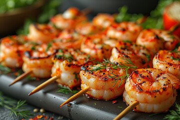 A closeup of shrimp on wooden sticks