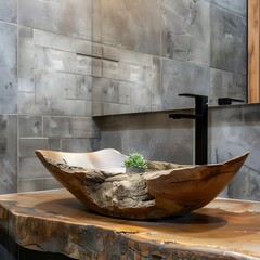 
Natural wood vessel on rustic live edge counter against concrete tile wall. Minimalist interior design of modern bathroom.