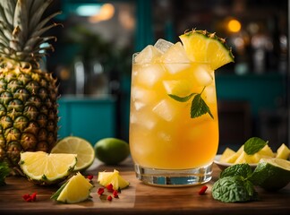 tropical feel pineapple mocktail with raspberry and mint accents