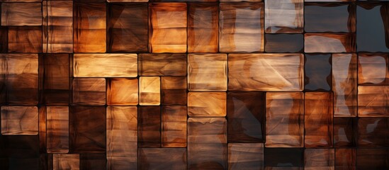 A close up of a hardwood wall made of brown wooden rectangles, creating a beautiful pattern. The wood stain adds depth to the planks, enhancing the overall flooring design