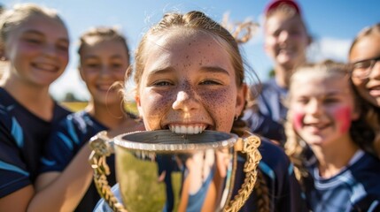 Middle school girl softball player kissing trophy with cheering teammates