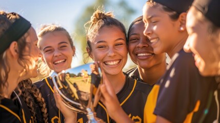 Middle school girl softball player kissing trophy with cheering teammates