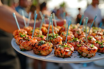 A serving person holding a platter of small, exquisite food with blue toothpicks at an event or party. - obrazy, fototapety, plakaty