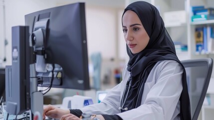 Female doctor in hijab reviewing medical record at computer in clinic