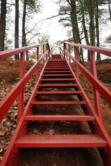 A path of Red stairs leads up a rocky hillside at Rockbridge, Wisconsin  - obrazy, fototapety, plakaty
