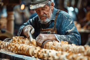 Mature woodworker expertly carves distinctive patterns into wood in a traditional workshop setting