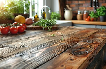 Empty wooden table top with blurred kitchen interior background