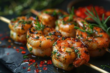 Gizamor Shrimp Skewers, an elegant dish featuring perfectly grilled shrimp on wooden sticks with...