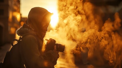 Fotograf mit schönen Abend Sonnenlicht und Nebel, ai generativ