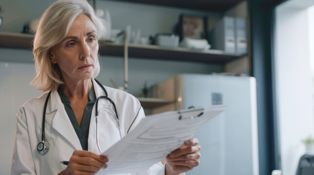 Mature Female Doctor Reviewing Medical Record In Doctor