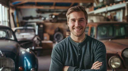 Crédence de cuisine en verre imprimé Voitures anciennes Portrait smiling young man with vintage car garage