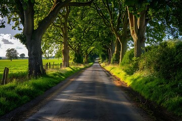 : A quiet country road surrounded by trees and fields