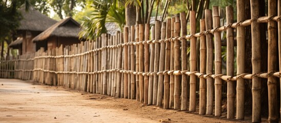 A picket fence made of wood lines the side of a dirt road, adding to the landscape of the area with its natural and rustic design - Powered by Adobe