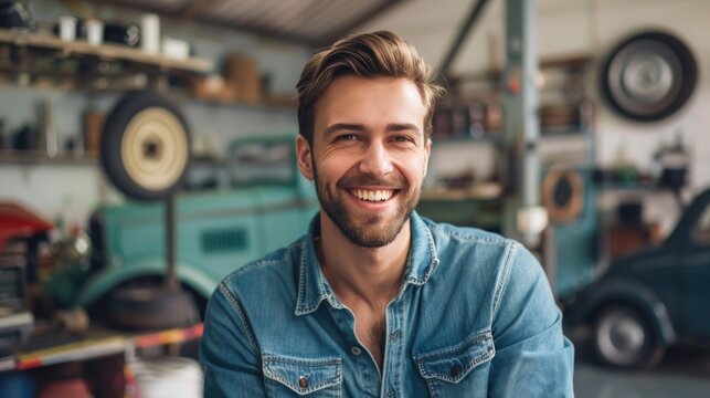 Fototapeta Portrait smiling young man with vintage car garage