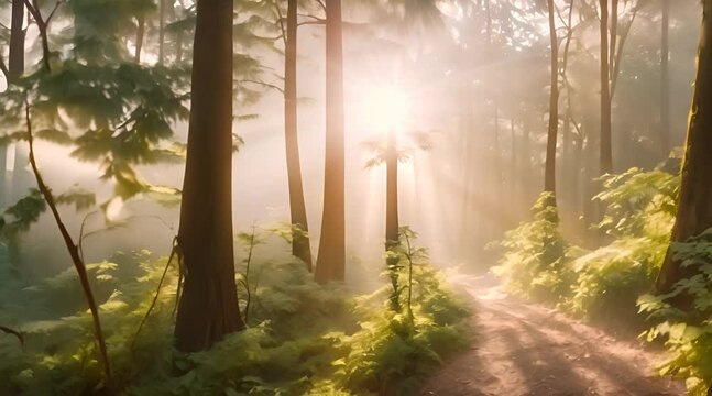 Beautiful magical sunrise in the forest The suns rays break through the trees in the fog The mystical nature of the rainforest
