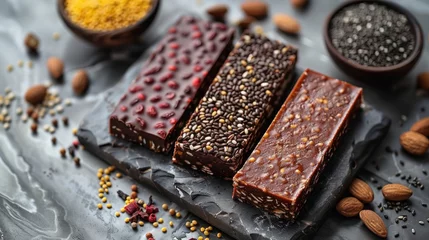 Poster Superfood protein bars with dates, oats, peanut butter, chocolate, chia seeds and bee pollen. © neirfy
