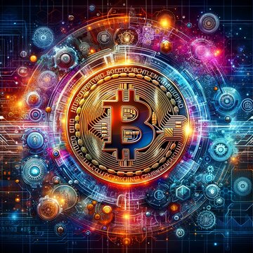 A bitcoin coin is featured in the center of a circle of gears on a futuristic electric blue background, reminiscent of a spacethemed video game graphics