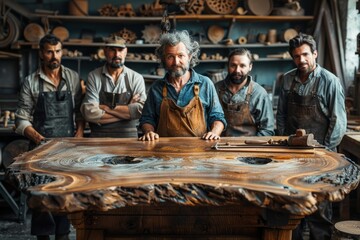 Group of five male artisans admire their collaborative woodwork, showcasing teamwork in their busy workshop