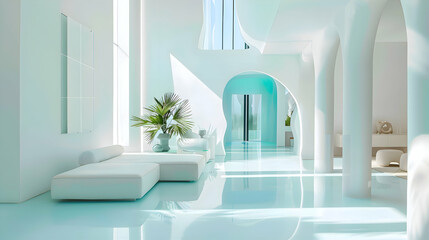 A pristine white room enlivened by bursts of vivid turquoise and chartreuse, infusing the...