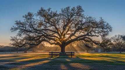 Fototapeta premium A shaded park bench, bathed in sunlight from behind towering trees