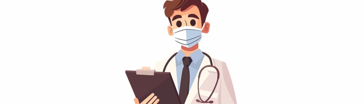 Caring cartoon physician, masked for safety, holding a folder for patient records and a syringe for treatment, depicted in a cute, minimalist style, great for health awareness clip art, isolated on wh