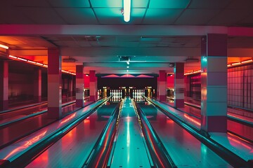 : A retro-styled bowling alley, with contrasting lanes and bright, flashing lights,