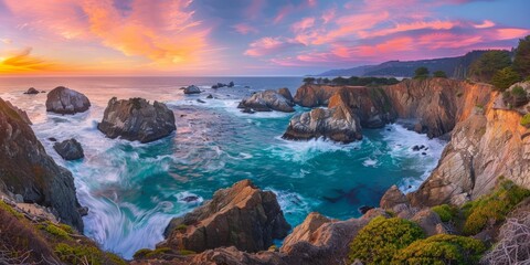 The sun sets beautifully over the ocean, casting vibrant colors on the rocks. Summer nature background, Natural colorful panoramic landscape