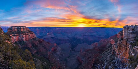 The sun sets over the vast Grand Canyon, casting a warm glow on the rugged cliffs and the river below - obrazy, fototapety, plakaty