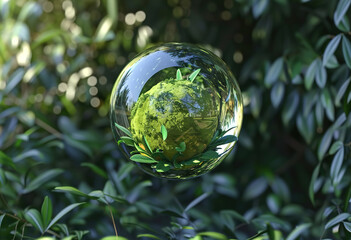 A green sphere is floating in a glass of water