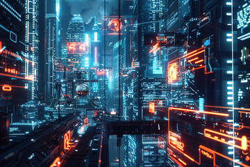 A futuristic cityscape with neon lights and glowing signs