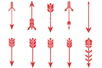 Vector type image of nine different types of red arrows. 2d image Ordered in rows and columns. the background of the image is transparent png --ar 3:2 Job ID: 3af27e4c-61f1-49e0-898f-9525d6545a85