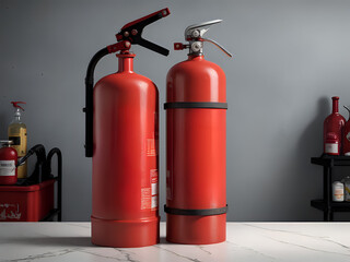 Obraz premium Fire extinguisher mounted on a kitchen platform in a modern and elegant interior.