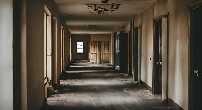 Dark Hallway of Abandoned Hotel For Open Windows