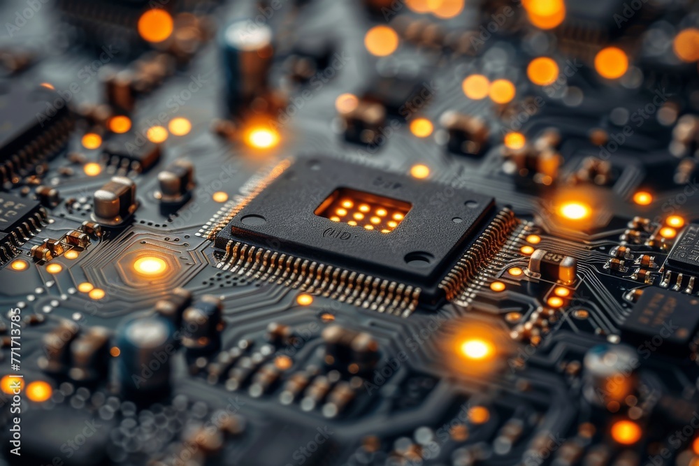 Poster macro shot of an intricate electronic circuit board featuring central microprocessor and surrounding