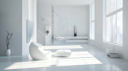A serene white room adorned with bursts of vibrant jade and indigo, infusing the minimalist space...